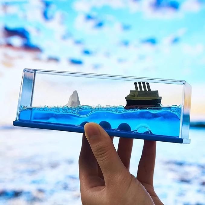 Car Dahboard Glass Sea Ship Ornament Paper Weight With Water Flowing Art