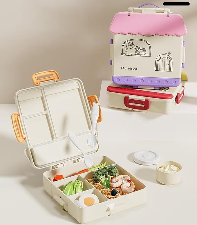 House Shape Kids Lunch Box with 4 Compartments and Carry Handle