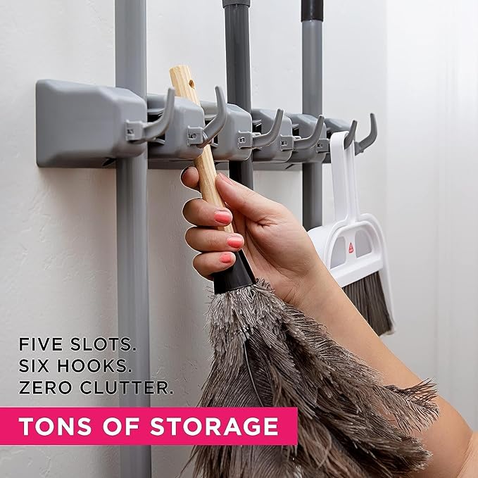 Wall Mounted Broom Holder 5 Slots and 6 Hanger Hooks